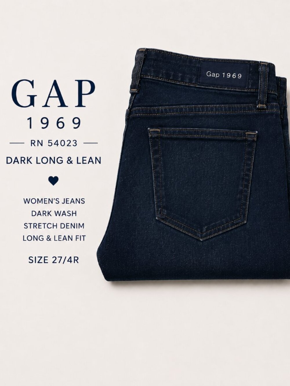 GAP 1969 Women’s Long & Lean Jeans 27/4R Dark Wash RN 54023
